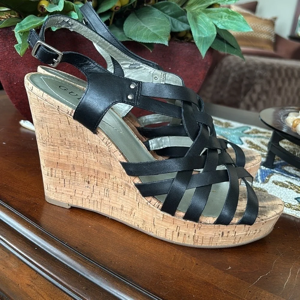 Guess Genuine Leather Black Multi-Strap Wedges Slingback Heeled Sandals Strappy